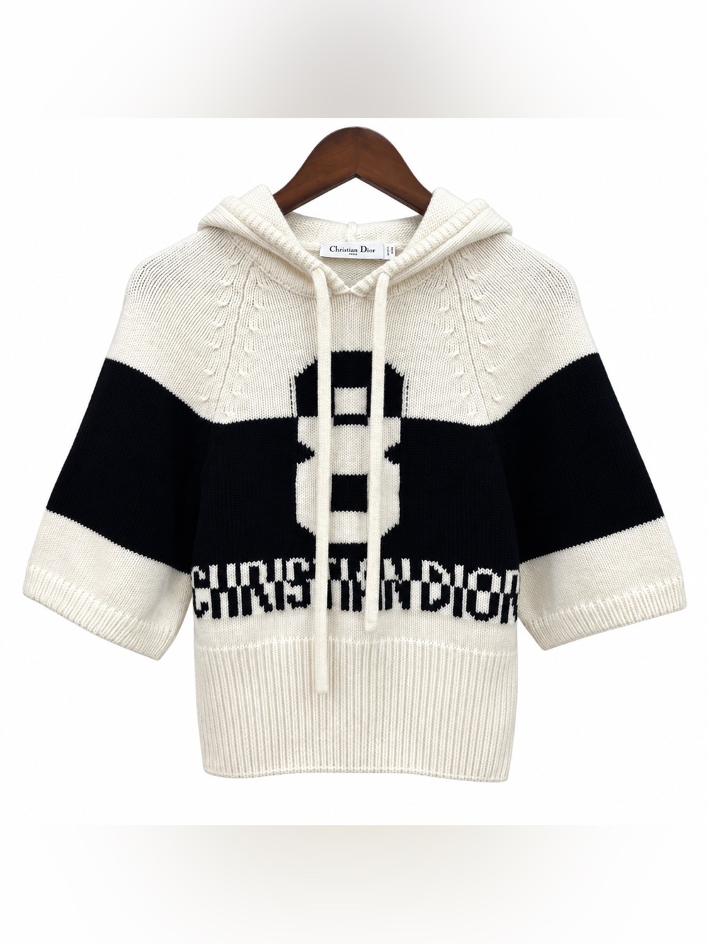 🚩steal Dior Cream and Black Hooded Knit Sweater with Logo Stripe